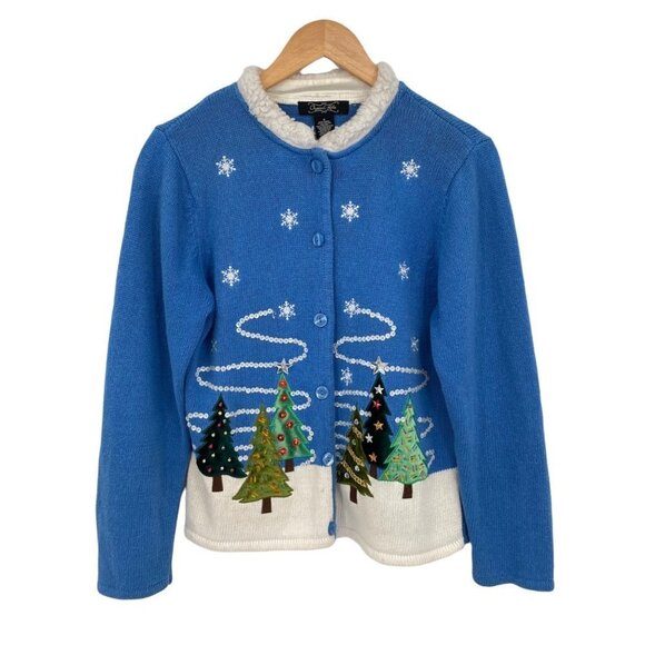 Cristal Kobe Ugly Christmas Tree Sweater Cardigan S Vintage Blue Embroidered - Picture 1 of 6